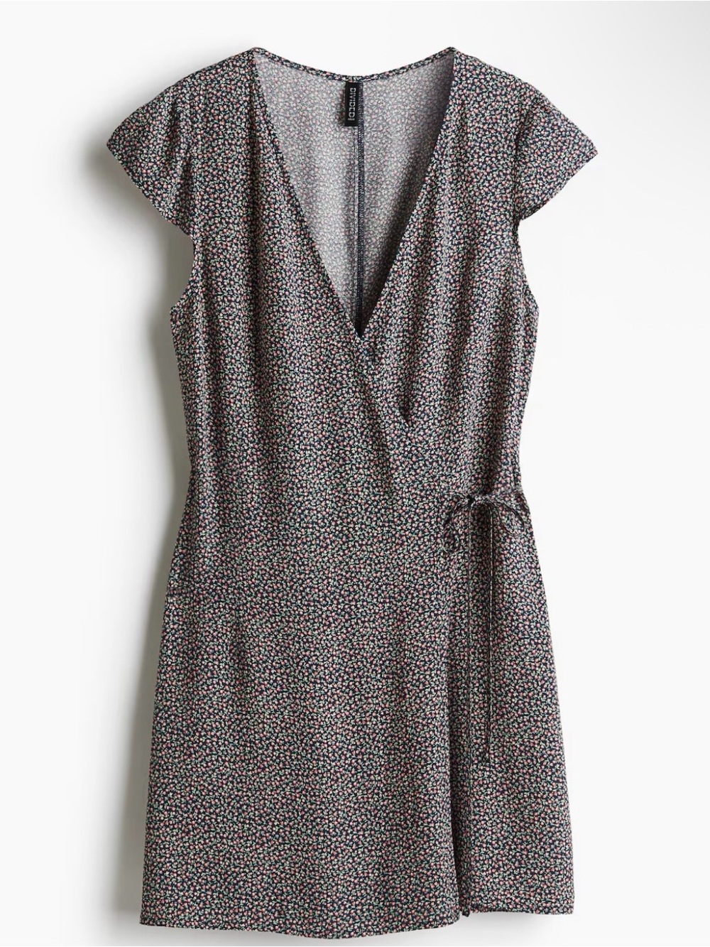 H&M Black Mini Wrap Dress with Pink and Green Floral Print